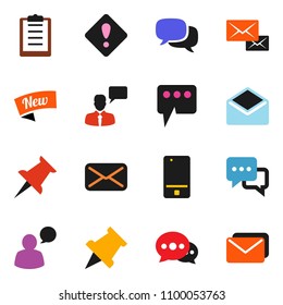 solid vector ixon set - paper pin vector, clipboard, mobile phone, dialog, speaking man, thumbtack, mail, message, attention sign, new