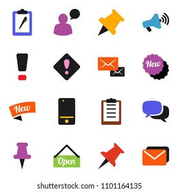 solid vector ixon set - paper pin vector, clipboard, loudspeaker, mobile phone, dialog, speaking man, thumbtack, mail, attention sign, new, open