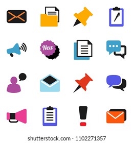 solid vector ixon set - paper pin vector, clipboard, document, loudspeaker, dialog, speaking man, thumbtack, mail, attention sign, new