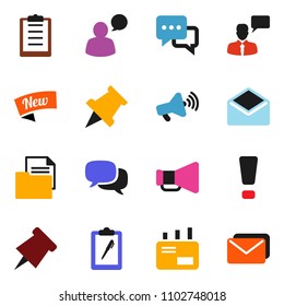 solid vector ixon set - paper pin vector, clipboard, document, loudspeaker, dialog, speaking man, mail, attention sign, new