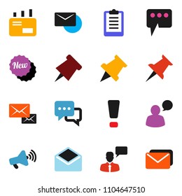 solid vector ixon set - paper pin vector, clipboard, loudspeaker, dialog, speaking man, thumbtack, mail, message, attention sign, new