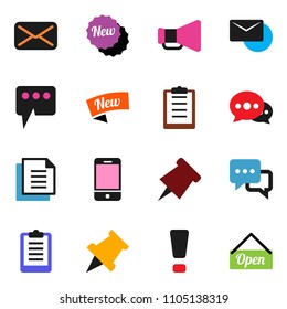 solid vector ixon set - paper pin vector, clipboard, document, loudspeaker, mobile phone, dialog, mail, message, attention sign, new, open