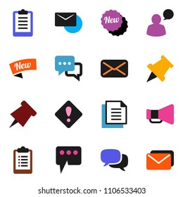 solid vector ixon set - paper pin vector, clipboard, document, loudspeaker, dialog, speaking man, mail, message, attention sign, new