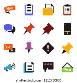 solid vector ixon set - paper pin vector, clipboard, document, loudspeaker, mobile phone, dialog, thumbtack, message, mail, attention sign, new, open