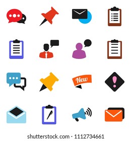 solid vector ixon set - paper pin vector, clipboard, loudspeaker, dialog, speaking man, thumbtack, mail, message, attention sign, new