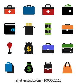solid vector ixon set - pasta vector, case, backpack, wallet, money bag, punching, doctor, shopping