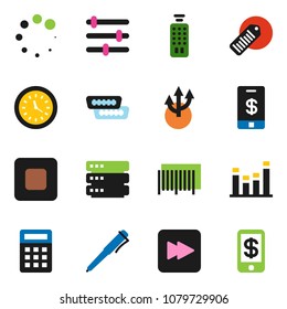 solid vector ixon set - pen vector, clock, barcode, equalizer, remote control, stop button, forward, hdmi, big data, loading, route arrow, calculator, tap pay