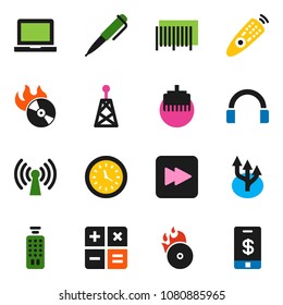 solid vector ixon set - pen vector, notebook pc, clock, music hit, antenna, remote control, headphones, forward button, lan connector, route arrow, wireless, barcode, calculator, tap pay