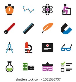 solid vector ixon set - pen vector, university, school building, ruler, drawing compass, glasses, student, atom, microscope, alarm clock, certificate, magnet, flask, constellation, exam