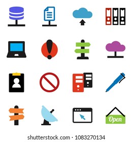 solid vector ixon set - pen vector, notebook pc, binder, personal information, prohibition sign, signpost, attention, satellite antenna, network server, cloud, browser, upload, document, open