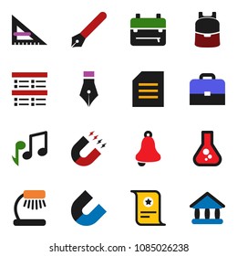 solid vector ixon set - pen vector, corner ruler, case, backpack, bell, table lamp, certificate, magnet, music, document, flask, exam, university