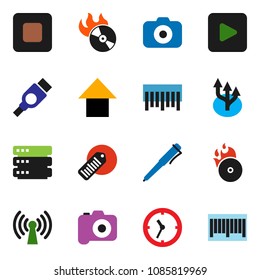 solid vector ixon set - pen vector, arrow up, clock, barcode, music hit, camera, play button, stop, hdmi, big data, route, wireless
