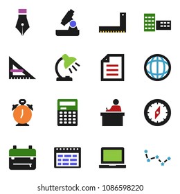 solid vector ixon set - pen vector, school building, corner ruler, student, backpack, microscope, table lamp, calculator, notebook pc, alarm clock, schedule, compass, world, document, constellation