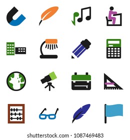 solid vector ixon set - pen vector, pencil, school building, corner ruler, glasses, student, backpack, telescope, table lamp, calculator, magnet, abacus, music, world, flag