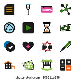 solid vector ixon set - pen vector, document, cash, sand clock, molecule, money, protected, internet, play button, heart cross, crutches, disconnection, cottage, rooms signboard, crib, calculator