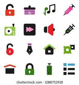 solid vector ixon set - pen vector, university, music, any currency, dry cargo, radio, speaker, remote control, forward button, syringe, unlock, lock, home, menu