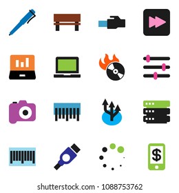 solid vector ixon set - pen vector, notebook pc, laptop graph, barcode, music hit, camera, forward button, hdmi, big data, equalizer, lan connector, bench, loading, route arrow, tap pay