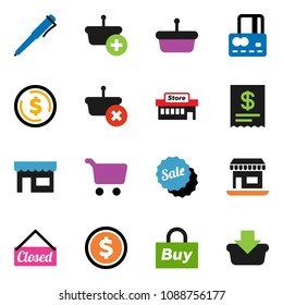 solid vector ixon set - pen vector, dollar coin, cart, credit card, office, sale, closed, store, mall, buy, receipt, basket