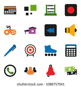 solid vector ixon set - pen vector, bell, abacus, calculator, roller Skates, target, calendar, speaker, gamepad, group, backward button, rec, loading, cottage, phone, cash