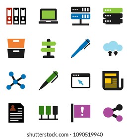 solid vector ixon set - pen vector, notebook pc, archive, binder, personal information, signpost, attention, newspaper, network, server, cloud exchange, big data, browser, share