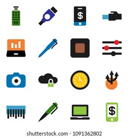solid vector ixon set - pen vector, notebook pc, laptop graph, clock, barcode, camera, remote control, stop button, hdmi, cloud lock, equalizer, lan connector, route arrow, tap pay