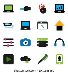 solid vector ixon set - pen vector, notebook pc, laptop graph, arrow up, music hit, camera, headphones, play button, hdmi, cloud lock, big data, browser, equalizer, lan connector, tap pay