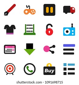 solid vector ixon set - pen vector, abacus, arrow down, t shirt, target, calendar, radio, gamepad, social media, pause button, menu, unlock, phone, buy, delivery