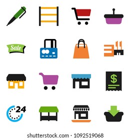 solid vector ixon set - pen vector, cart, credit card, office, shelving, sale, 24 hour, shopping bag, market, store, mall, receipt, basket