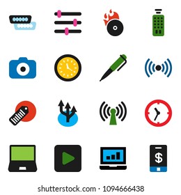solid vector ixon set - pen vector, laptop graph, clock, barcode, music hit, camera, remote control, notebook pc, play button, hdmi, equalizer, route arrow, wireless, tap pay