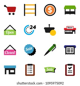 solid vector ixon set - pen vector, dollar coin, shelving, sale, open, closed, 24 hour, market, store, mall, receipt, basket, cart, shopping list