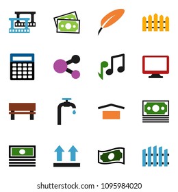 solid vector ixon set - pen vector, music, cash, calculator, money, dry cargo, top sign, film frame, monitor, share, bench, water supply, fence