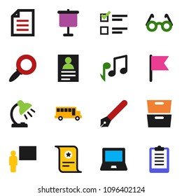 solid vector ixon set - pen vector, blackboard, glasses, table lamp, notebook pc, certificate, school bus, presentation, music, document, archive, personal information, flag, magnifier, exam