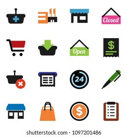 solid vector ixon set - pen vector, dollar coin, cart, office, open, closed, 24 hour, shopping bag, store, mall, receipt, basket, list