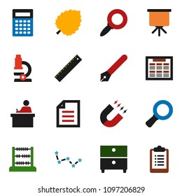 solid vector ixon set - pen vector, ruler, student, microscope, calculator, schedule, magnet, abacus, presentation, document, archive, magnifier, leaf, constellation, clipboard
