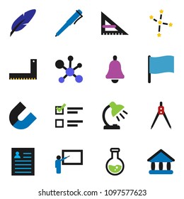 solid vector ixon set - pen vector, blackboard, corner ruler, drawing compass, bell, table lamp, magnet, personal information, molecule, flag, flask, constellation, exam, university
