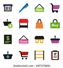 solid vector ixon set - pen vector, cart, shelving, open, closed, shopping bag, market, store, buy, receipt, basket, list