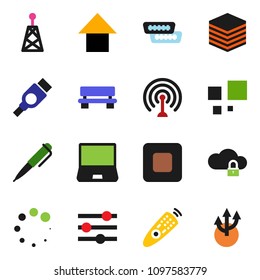 solid vector ixon set - pen vector, arrow up, antenna, remote control, notebook pc, stop button, hdmi, cloud lock, big data, equalizer, bench, loading, route
