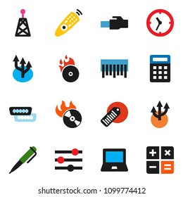 solid vector ixon set - pen vector, notebook pc, clock, barcode, music hit, antenna, remote control, hdmi, equalizer, lan connector, route arrow, calculator