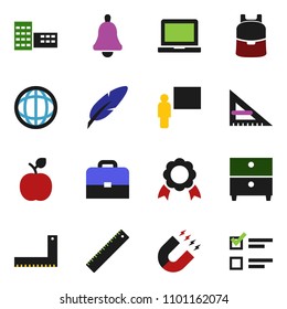 solid vector ixon set - pen vector, school building, blackboard, corner ruler, case, backpack, apple fruit, bell, notebook pc, medal, magnet, world, archive, exam