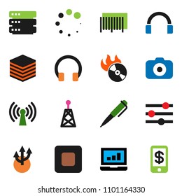 solid vector ixon set - pen vector, laptop graph, music hit, camera, antenna, headphones, stop button, big data, equalizer, loading, route arrow, wireless, barcode, tap pay