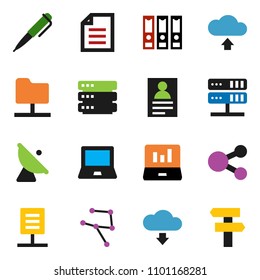 solid vector ixon set - pen vector, notebook pc, document, personal information, laptop graph, binder, satellite antenna, network, folder, server, big data, share, cloud upload, download, signpost