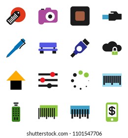 solid vector ixon set - pen vector, arrow up, barcode, camera, remote control, stop button, hdmi, cloud lock, equalizer, lan connector, bench, loading, tap pay