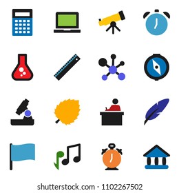 solid vector ixon set - pen vector, ruler, student, telescope, microscope, calculator, notebook pc, alarm clock, compass, music, molecule, flag, flask, leaf, university