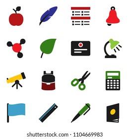 solid vector ixon set - pen vector, ruler, backpack, apple fruit, telescope, bell, table lamp, calculator, certificate, scissors, molecule, flag, leaf, exam, catalog