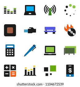 solid vector ixon set - pen vector, notebook pc, music hit, equalizer, stop button, lan connector, bench, loading, wireless, barcode, calculator, tap pay