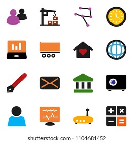 solid vector ixon set - pen vector, world, bank, laptop graph, safe, truck trailer, clock, group, mail, diagnostic monitor, network, router, user, love home, construction crane, calculator
