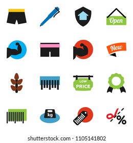 solid vector ixon set - pen vector, medal, muscule hand, shorts, cereals, weight, barcode, low price signboard, home protect, new, open, coupon