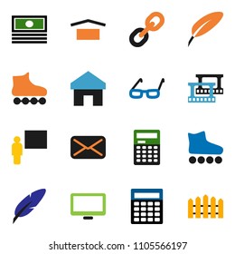 solid vector ixon set - pen vector, blackboard, glasses, calculator, cash, roller Skates, dry cargo, film frame, monitor, link, mail, home, fence