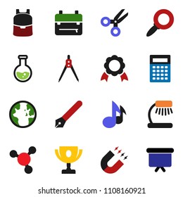 solid vector ixon set - pen vector, drawing compass, backpack, table lamp, calculator, award cup, medal, magnet, scissors, music, world, molecule, magnifier, flask, presentation board