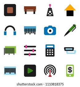 solid vector ixon set - pen vector, arrow up, barcode, camera, antenna, headphones, play button, stop, hdmi, equalizer, bench, calculator, tap pay